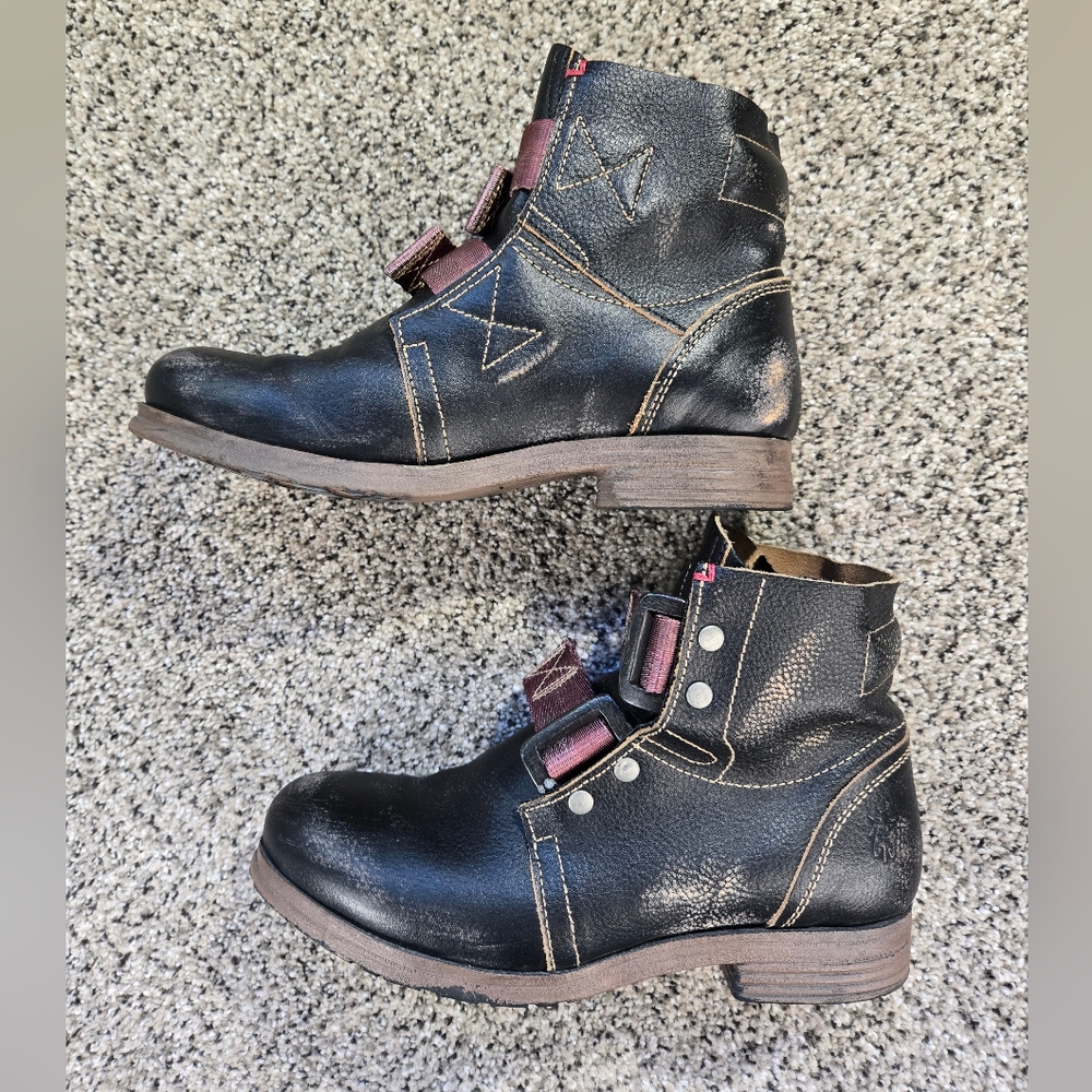 Fly London Black and Burgundy Combat Boots - Picture 8 of 16